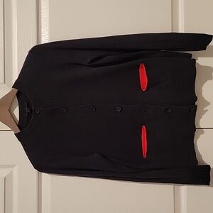 COS 100% Cotton Navy Knit Crew Neck Cardigan Sweater w Red Front Pockets